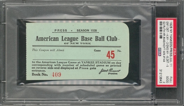1928 New York Yankees Press Pass July 11th For Babe Ruths 449th Home Run (PSA GD2)